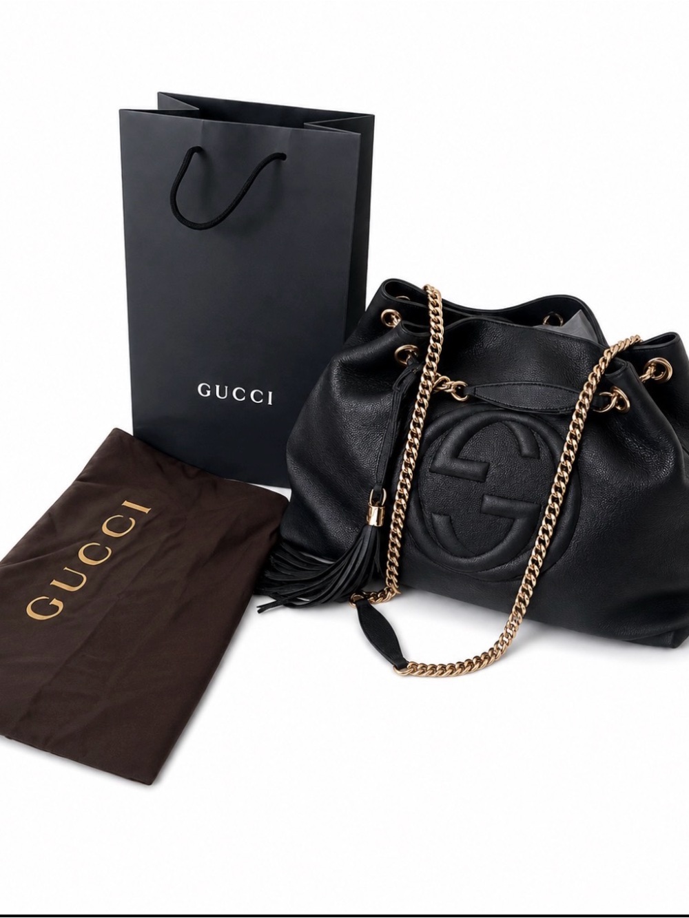 Gucci interlocking GG Black Soho Leather Shoulder Bag with Gold Chain and Tassel